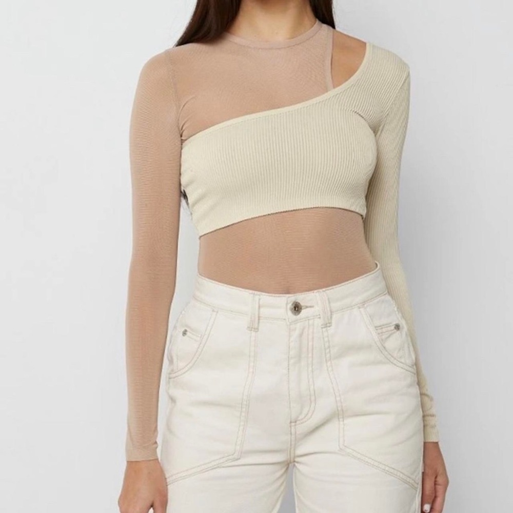 Mesh body suit with beige overlay one shoulder